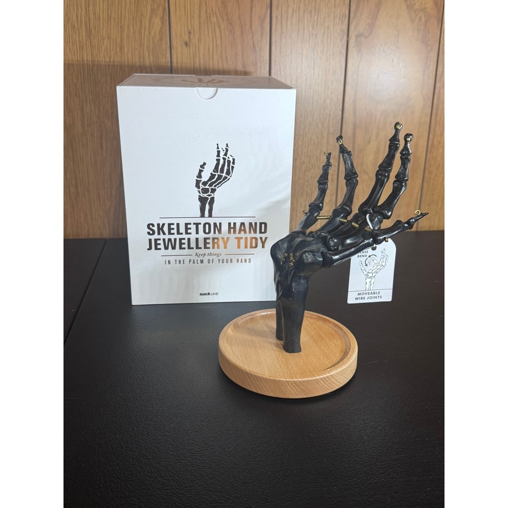 Suck UK Skeleton Hand Jewelry Tidy Black Gothic Ring Holder Stand Wood Base Box